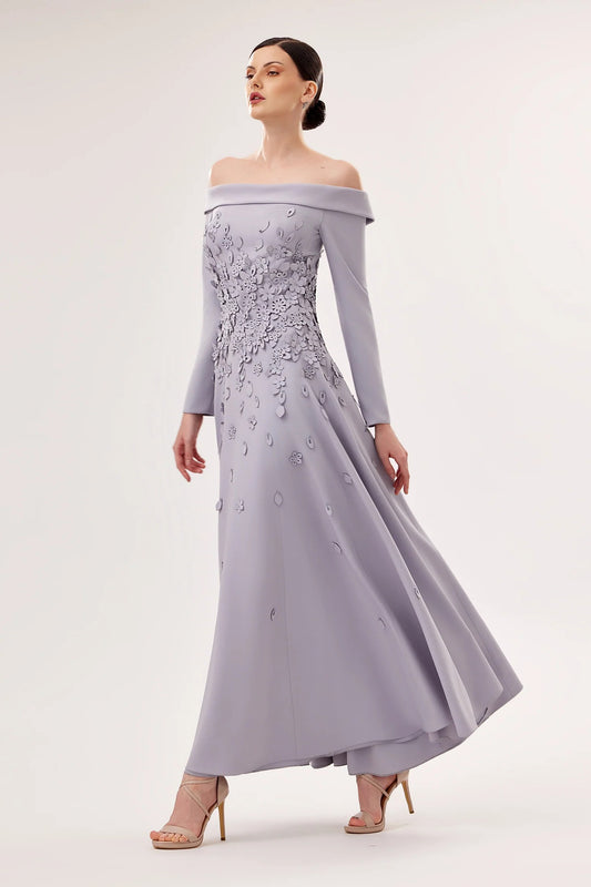 Off-Shoulder Crepe Midi Dress with 3D Florals