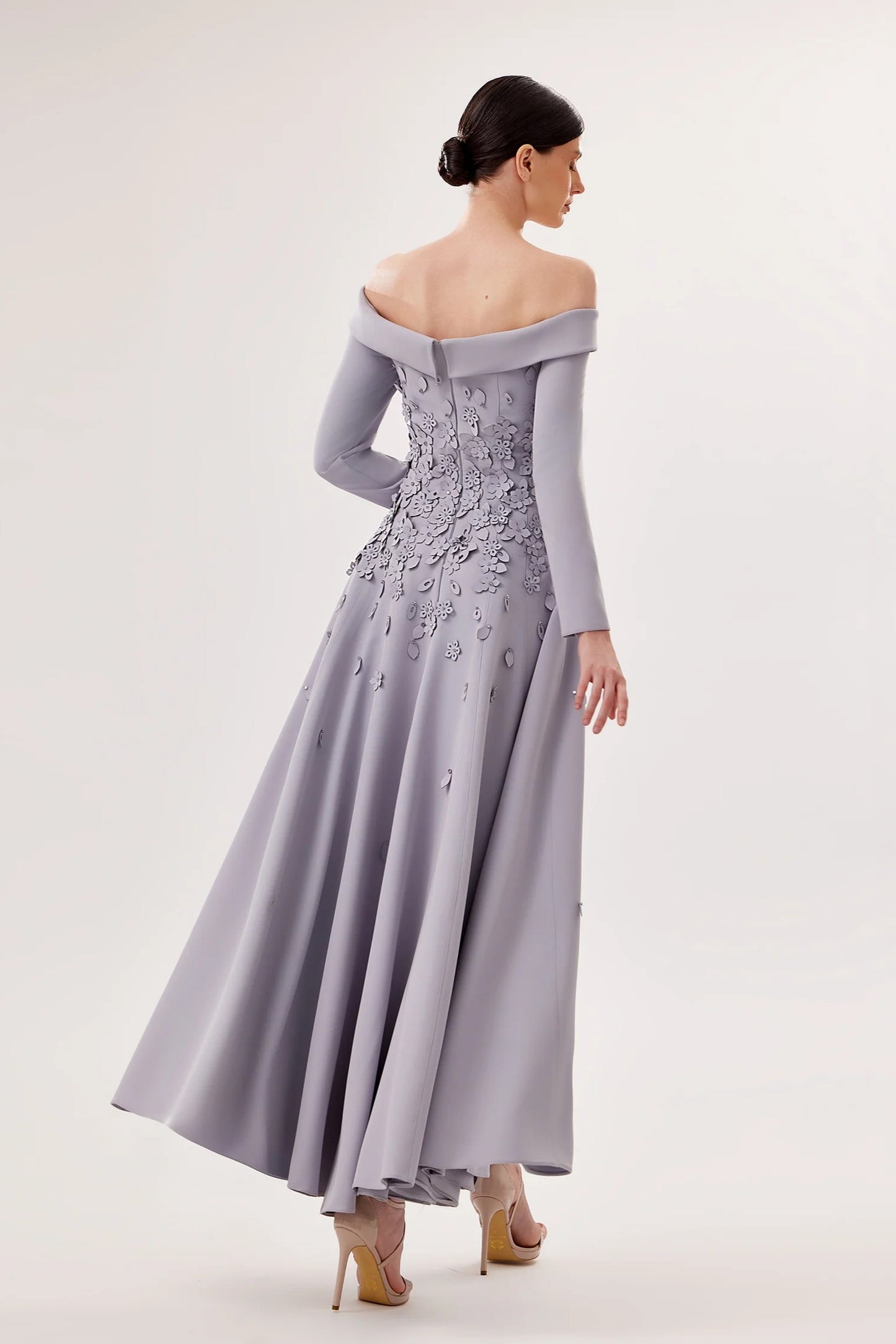 Off-Shoulder Crepe Midi Dress with 3D Florals