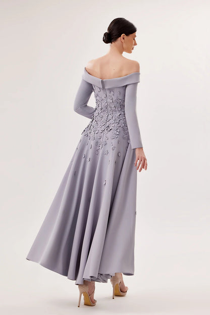 Off-Shoulder Crepe Midi Dress with 3D Florals