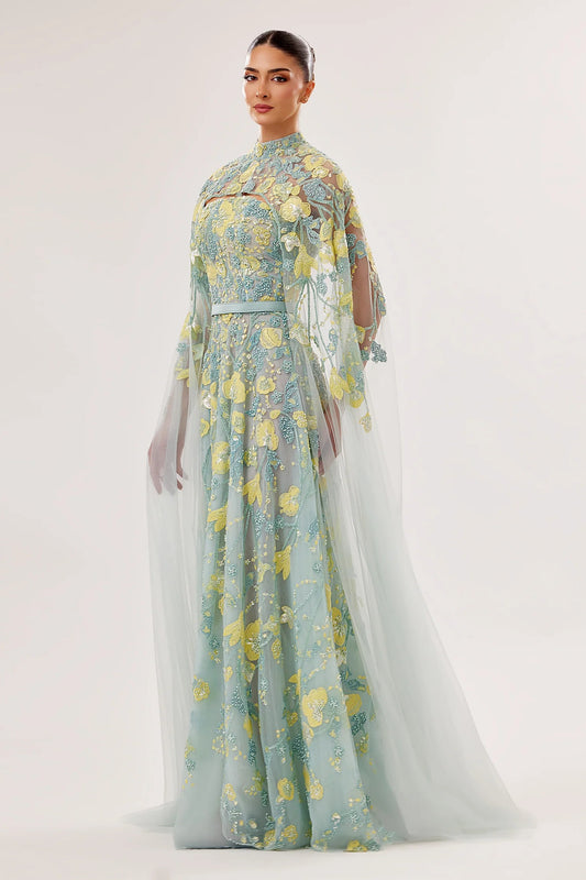 Strapless Tulle Gown with Embroidered Cape