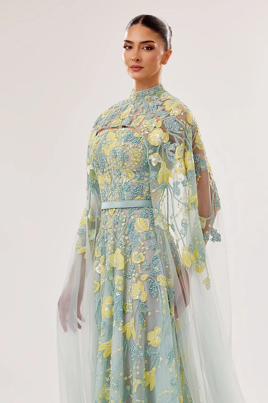 Strapless Tulle Gown with Embroidered Cape