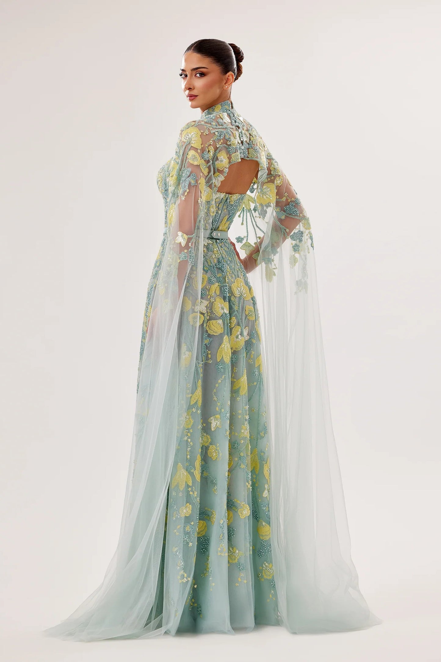 Strapless Tulle Gown with Embroidered Cape