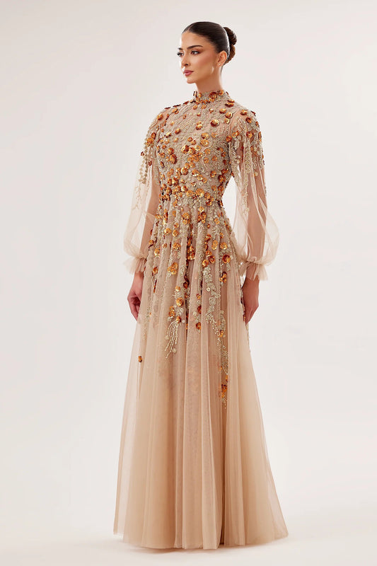 High-Neck Tulle Gown with 3D Floral Embroidery