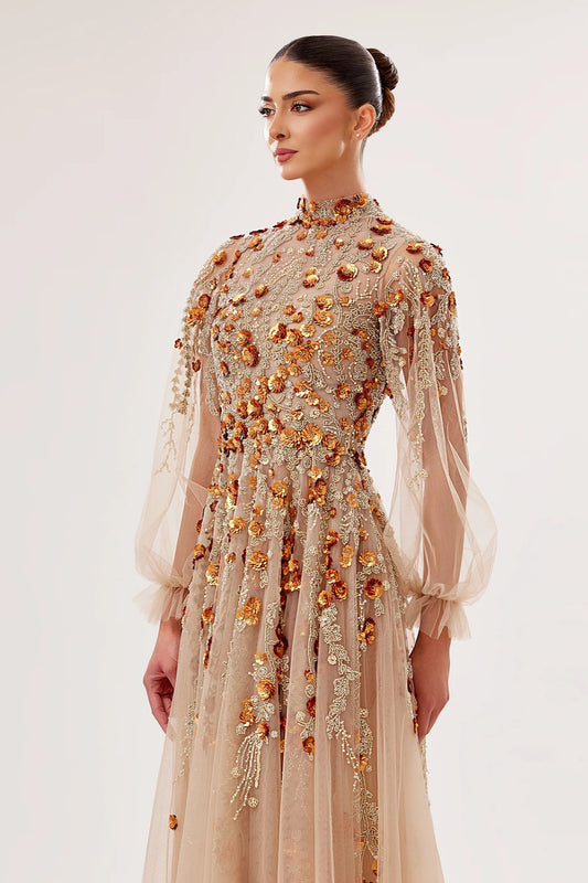 High-Neck Tulle Gown with 3D Floral Embroidery