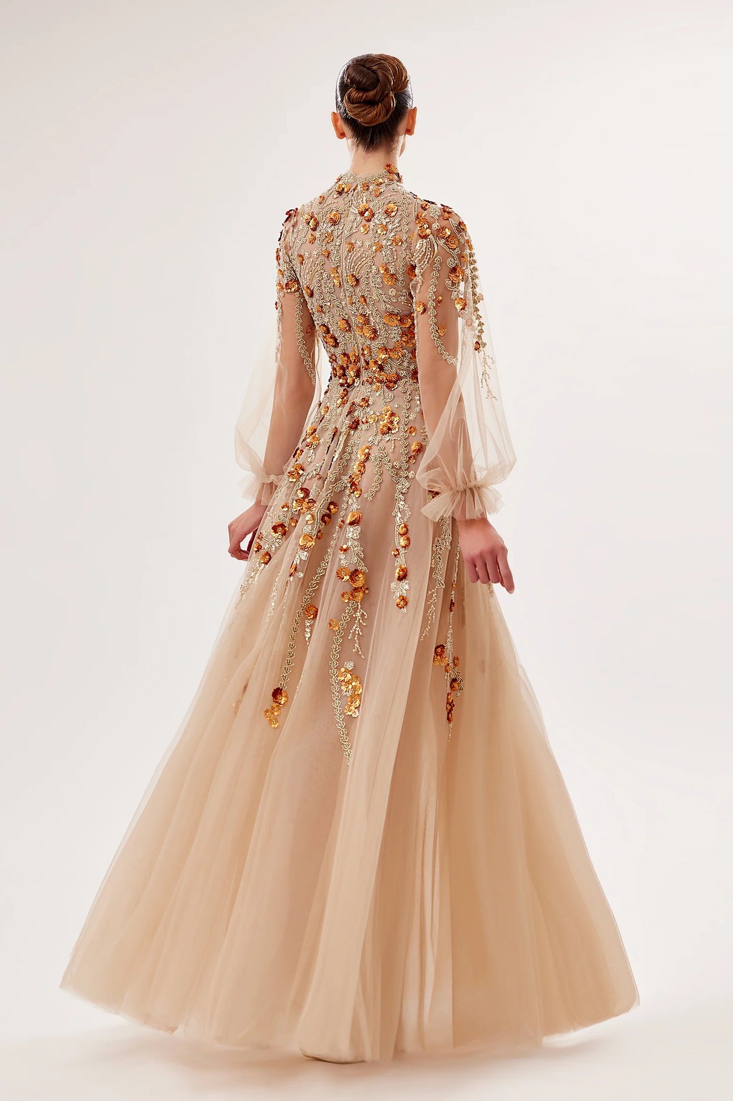 High-Neck Tulle Gown with 3D Floral Embroidery