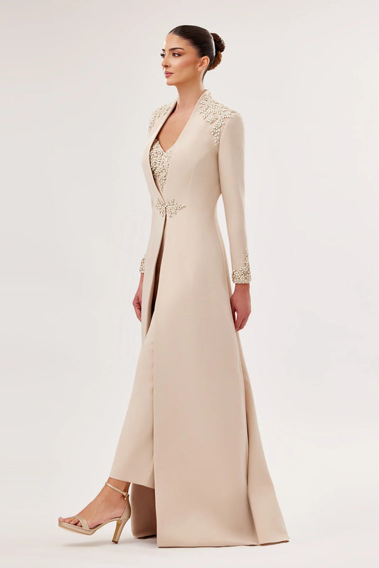Crepe Jumpsuit with Embellished Sweetheart Bodice