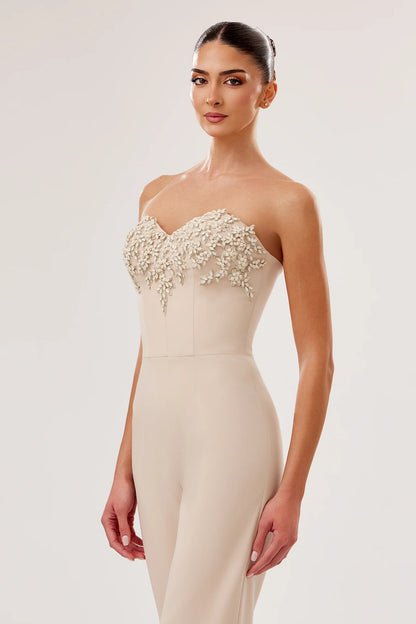 Crepe Jumpsuit with Embellished Sweetheart Bodice