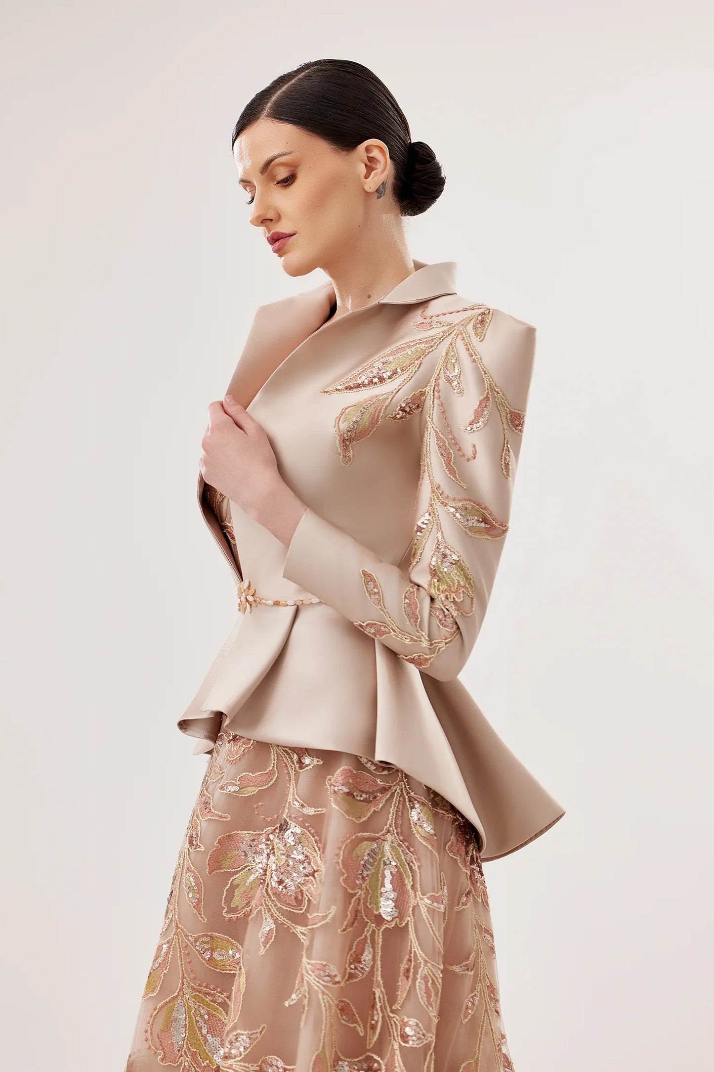 Embroidered Tulle Gown with Mikado Jacket & Crystal Belt