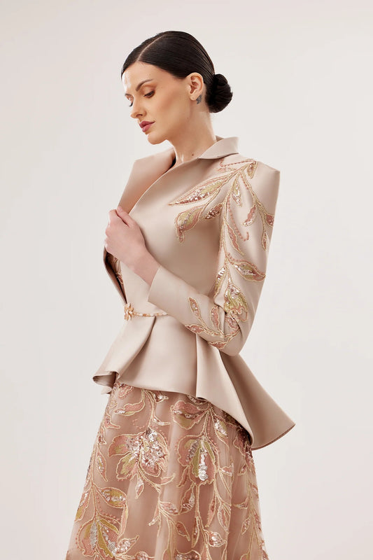 Embroidered Tulle Gown with Mikado Jacket & Crystal Belt