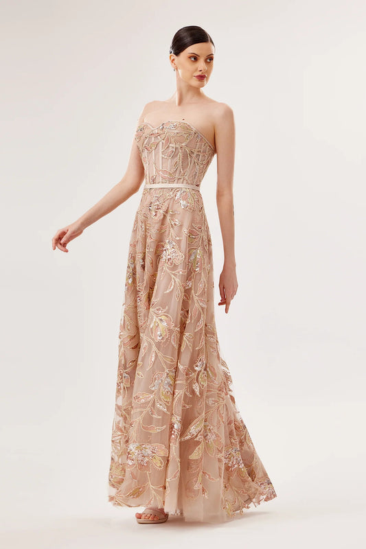 Embroidered Tulle Gown with Mikado Jacket & Crystal Belt
