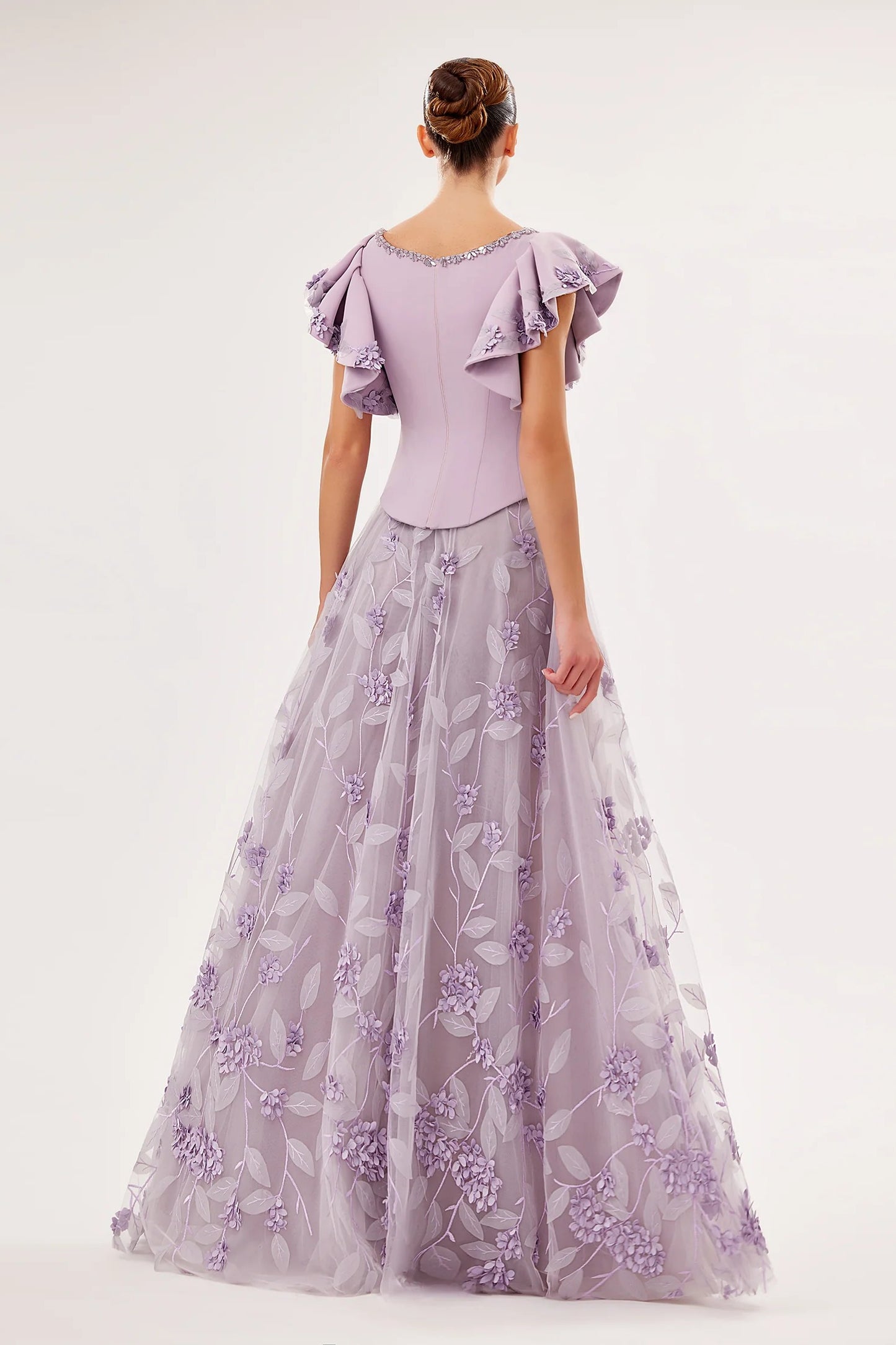 Embroidered Crepe & Tulle Set with 3D Floral Details