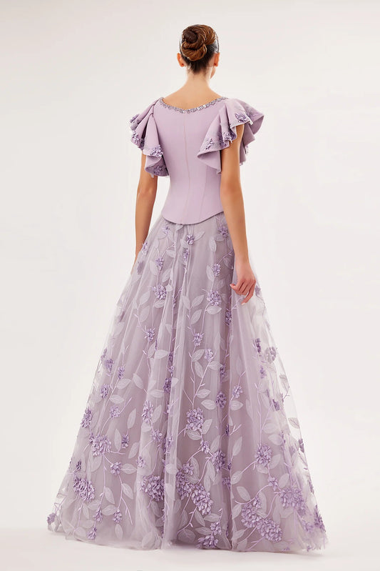 Embroidered Crepe & Tulle Set with 3D Floral Details