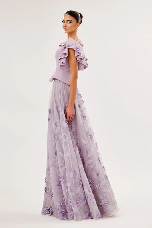 Embroidered Crepe & Tulle Set with 3D Floral Details