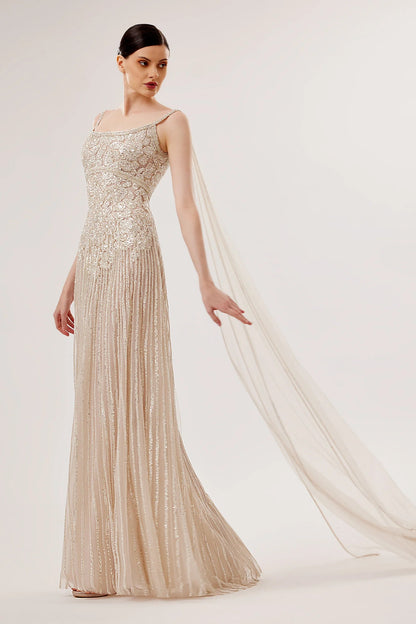 Tulle Sleeveless Gown with Flowing Shoulder Trail