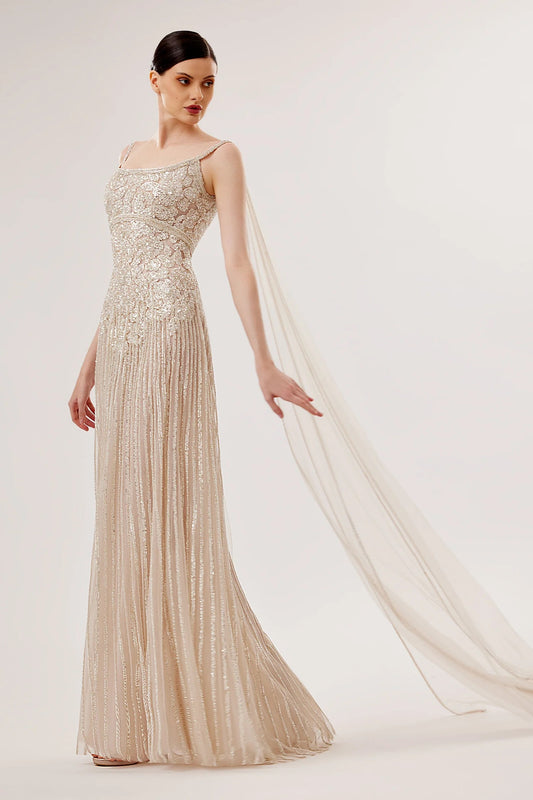Tulle Sleeveless Gown with Flowing Shoulder Trail
