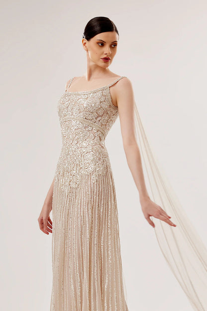 Tulle Sleeveless Gown with Flowing Shoulder Trail