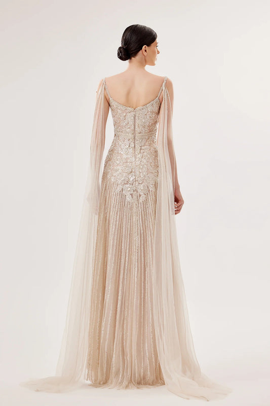 Tulle Sleeveless Gown with Flowing Shoulder Trail