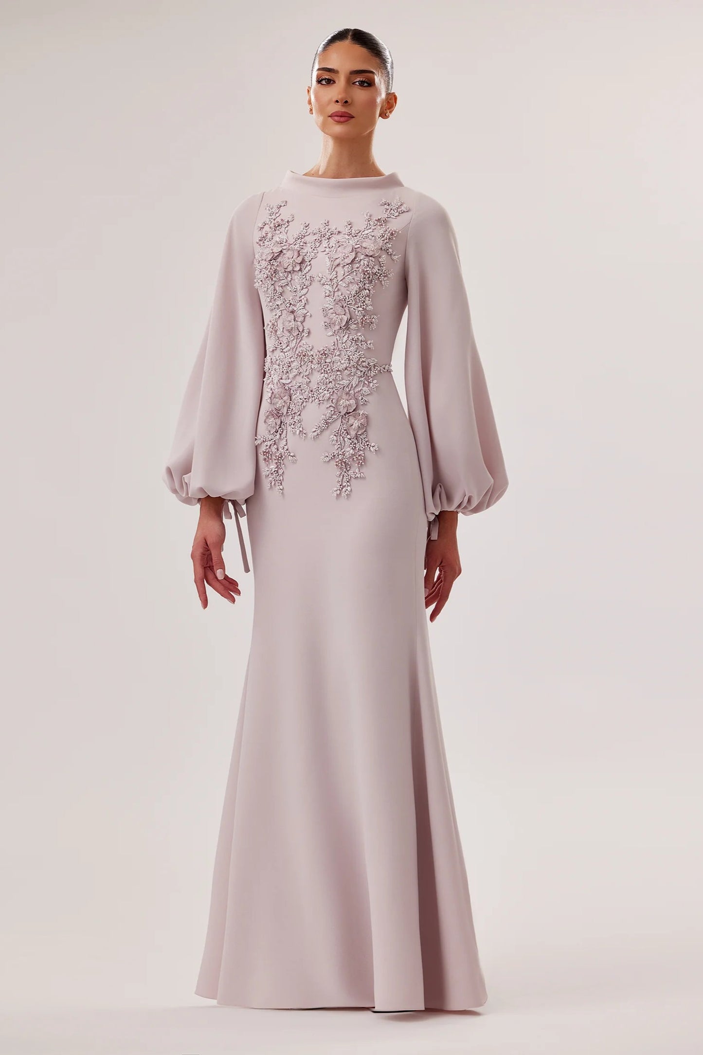 High-Neck Crepe Mermaid Gown with 3D Flowers