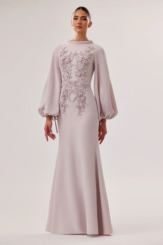 High-Neck Crepe Mermaid Gown with 3D Flowers