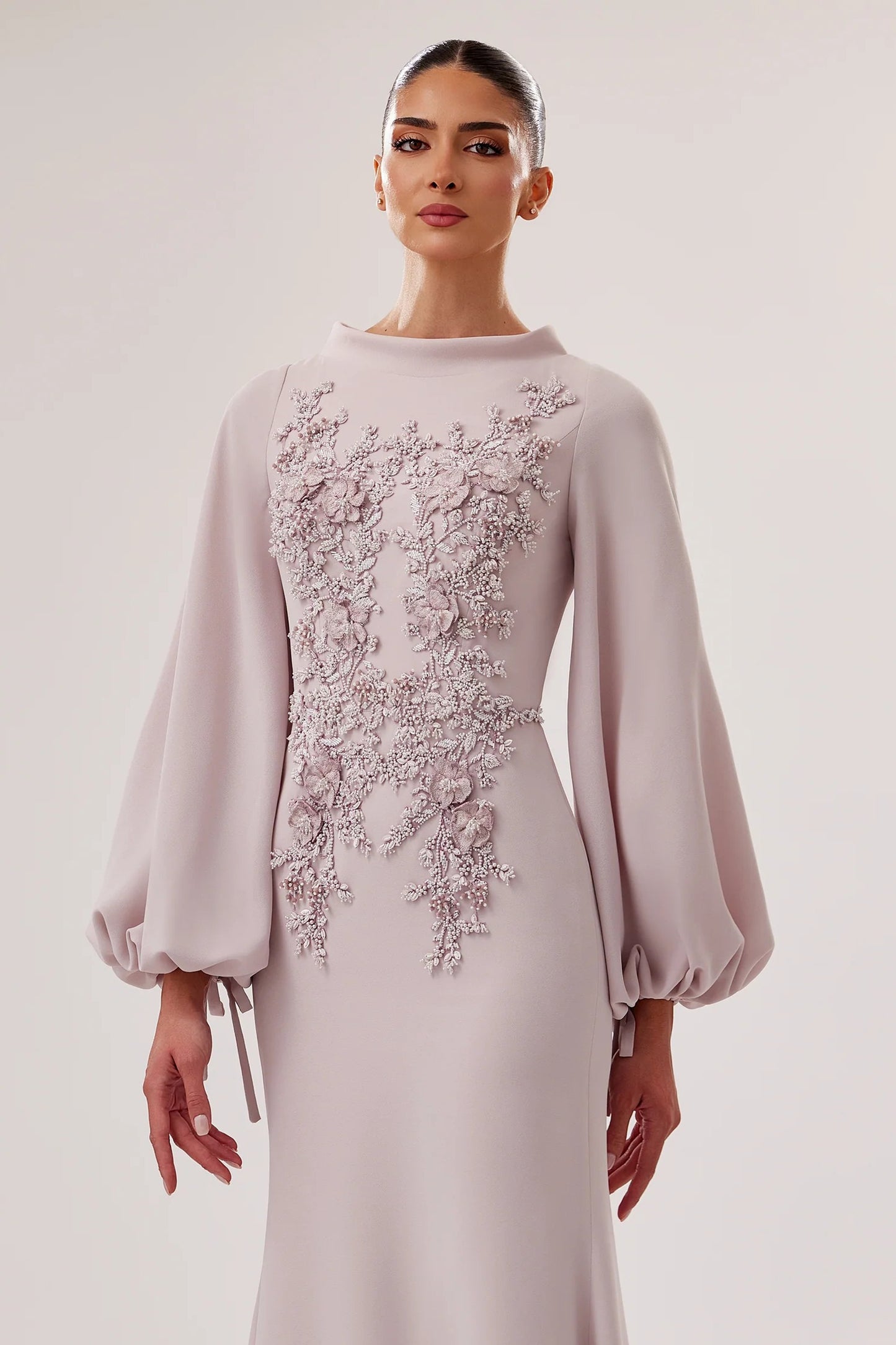 High-Neck Crepe Mermaid Gown with 3D Flowers