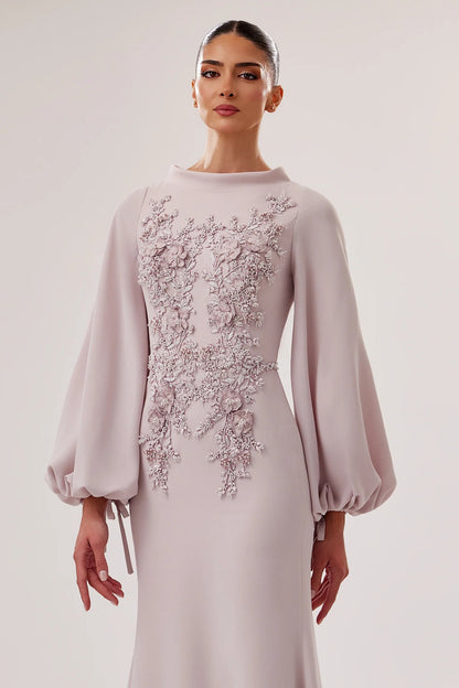 High-Neck Crepe Mermaid Gown with 3D Flowers