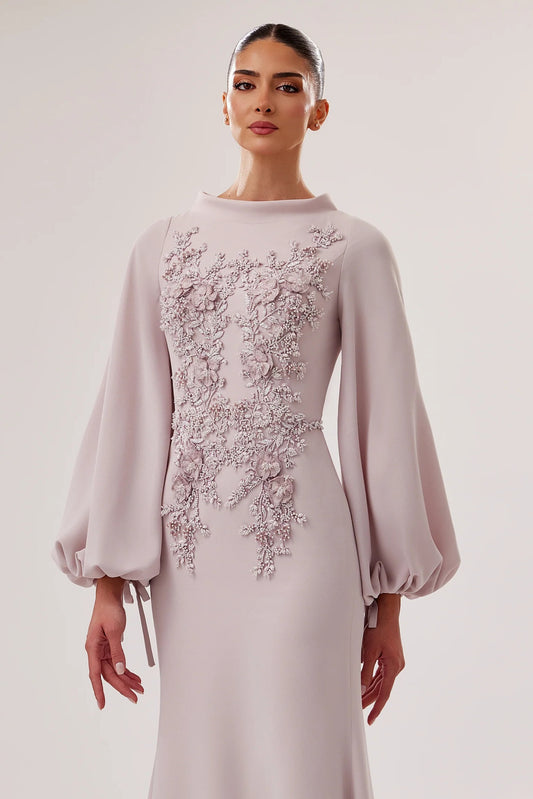High-Neck Crepe Mermaid Gown with 3D Flowers