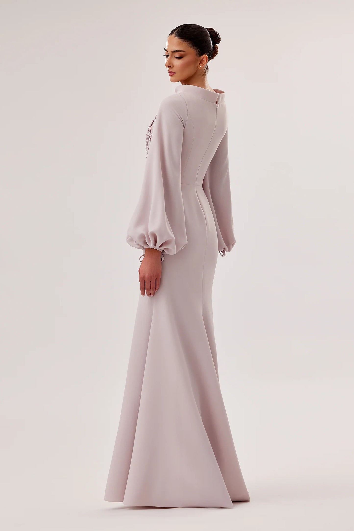 High-Neck Crepe Mermaid Gown with 3D Flowers