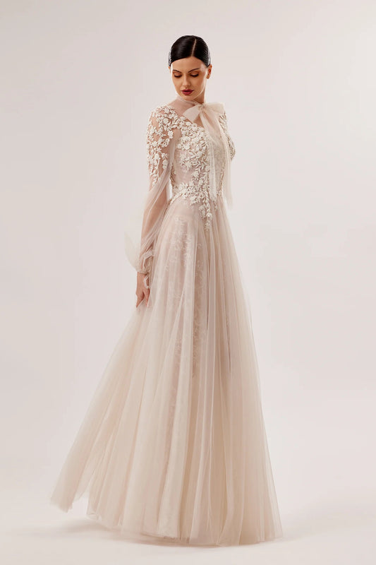 Hand-Embroidered Lace-Under-Tulle Gown with Bow Tie