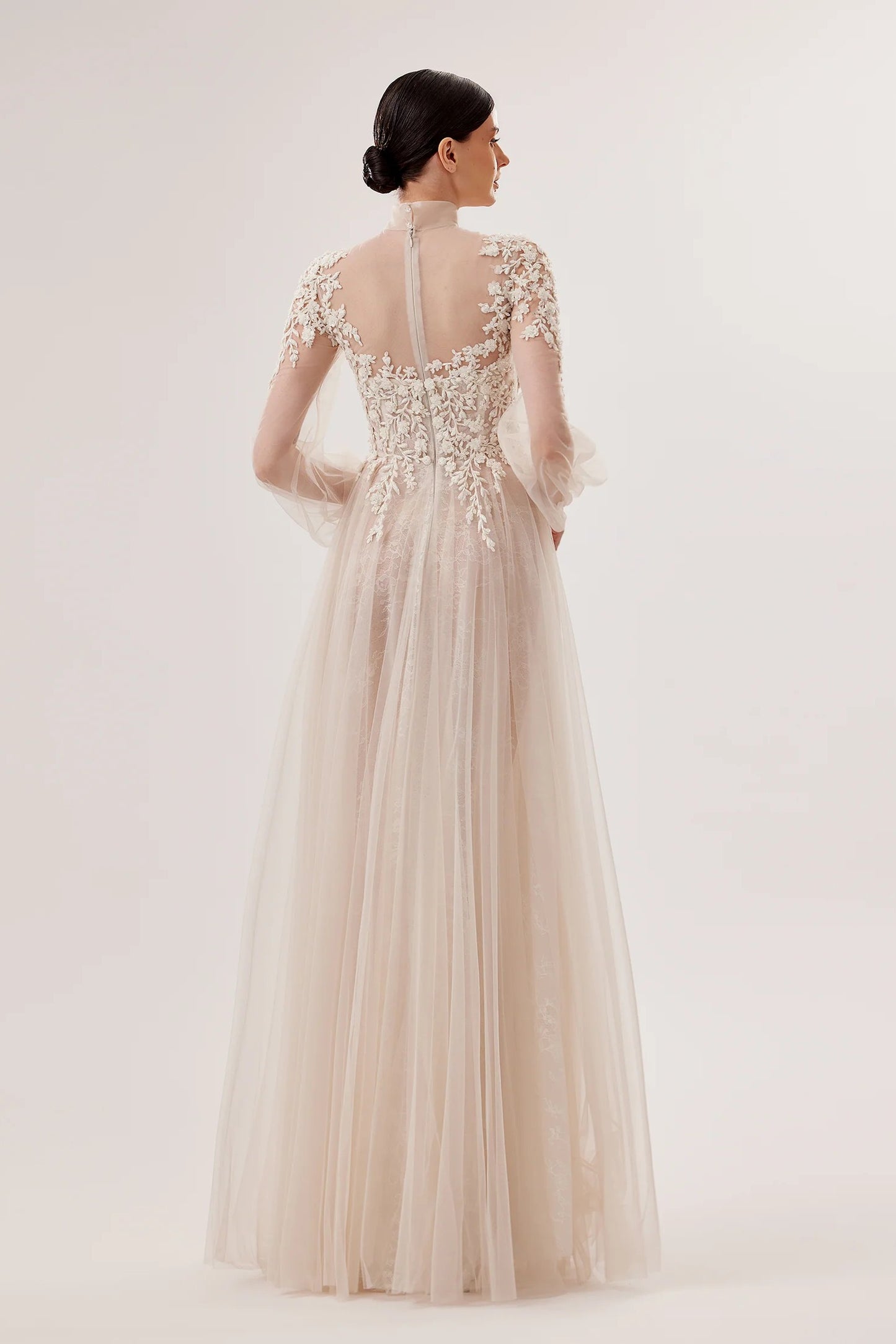Hand-Embroidered Lace-Under-Tulle Gown with Bow Tie