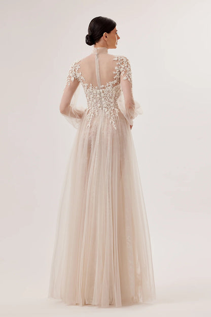 Hand-Embroidered Lace-Under-Tulle Gown with Bow Tie