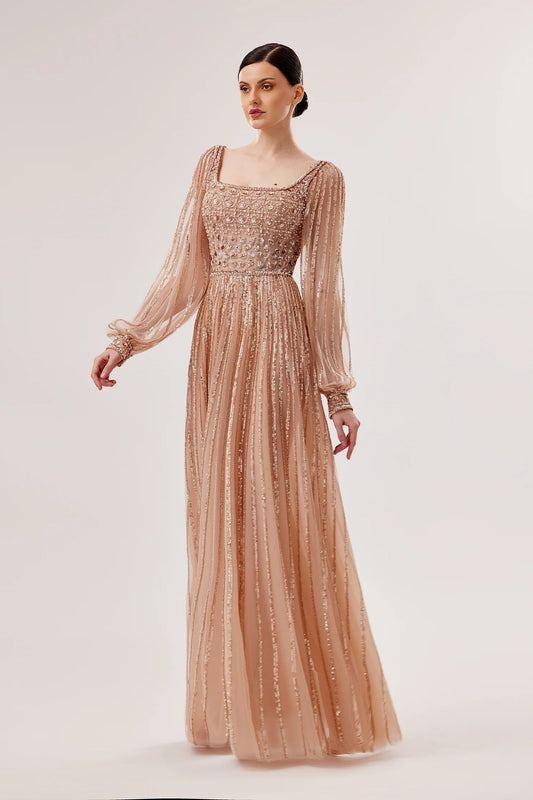 Square-Neck Embroidered Tulle Gown