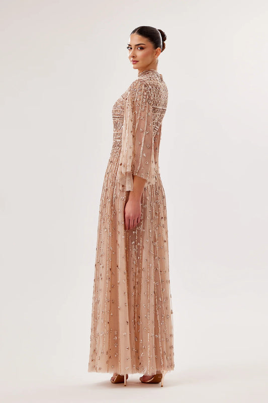 Flowy Embroidered Tulle Gown with Wide Sleeves