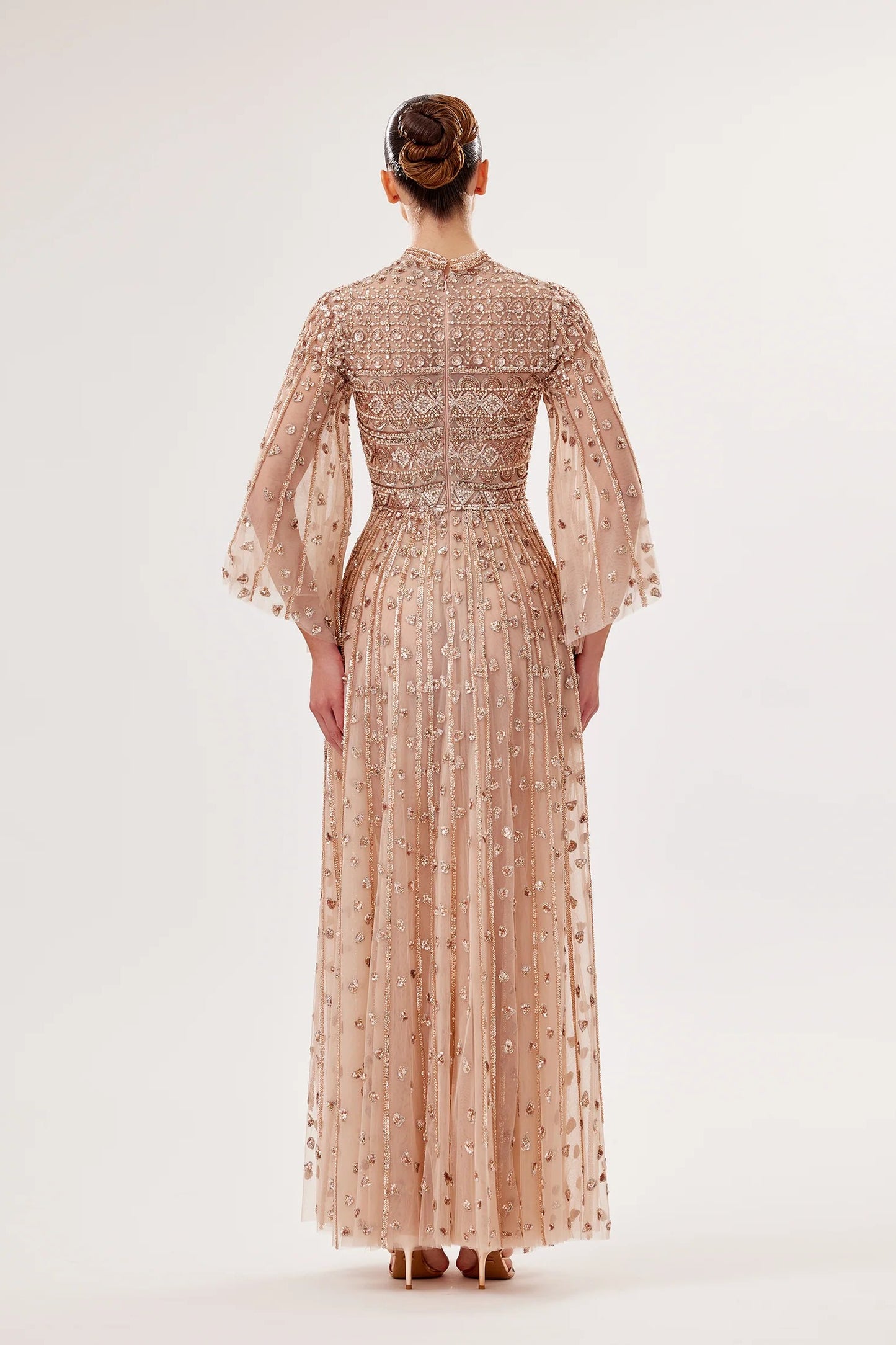 Flowy Embroidered Tulle Gown with Wide Sleeves