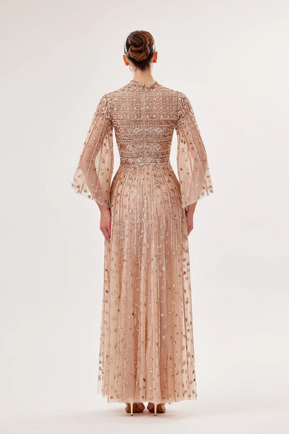 Flowy Embroidered Tulle Gown with Wide Sleeves
