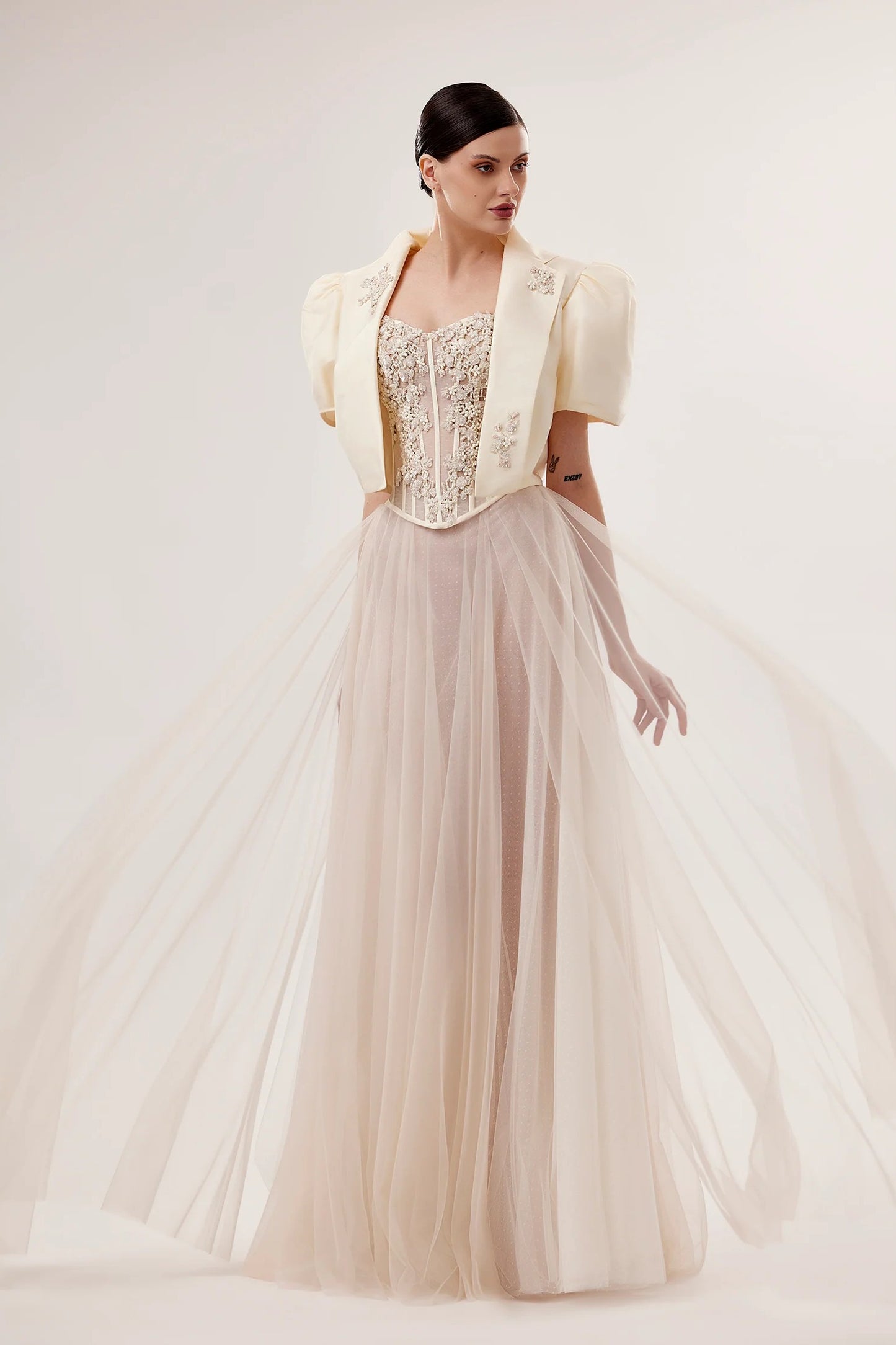 Embroidered Tafta Jacket & Dotted Tulle Skirt Set