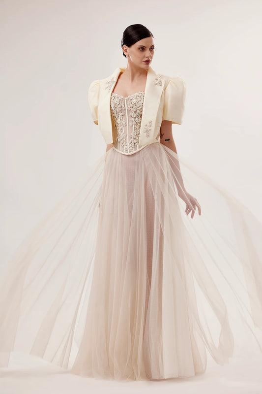 Embroidered Tafta Jacket & Dotted Tulle Skirt Set