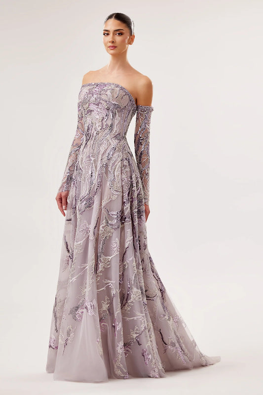 Off-Shoulder Embroidered Gown with Swarovski Details