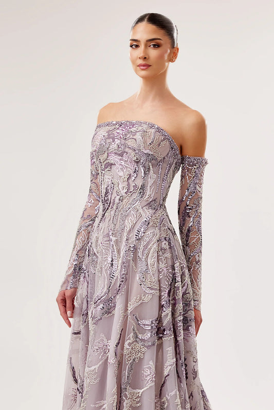 Off-Shoulder Embroidered Gown with Swarovski Details