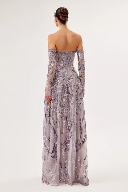 Off-Shoulder Embroidered Gown with Swarovski Details