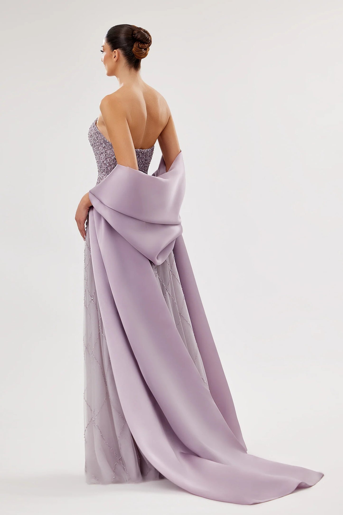 Strapless Embroidered Tulle Gown with Organza Drape