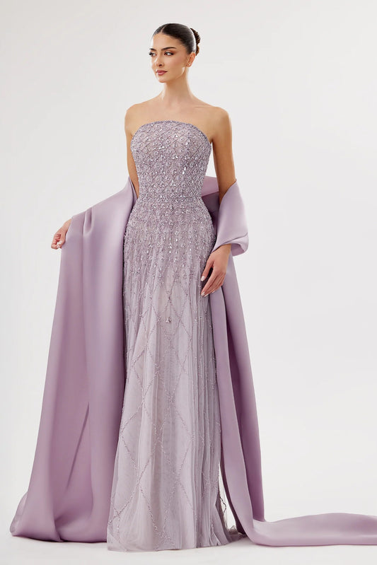 Strapless Embroidered Tulle Gown with Organza Drape