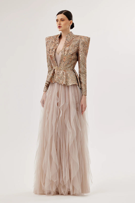 Ruffled Tulle Sweetheart Gown with Embellished Jacket
