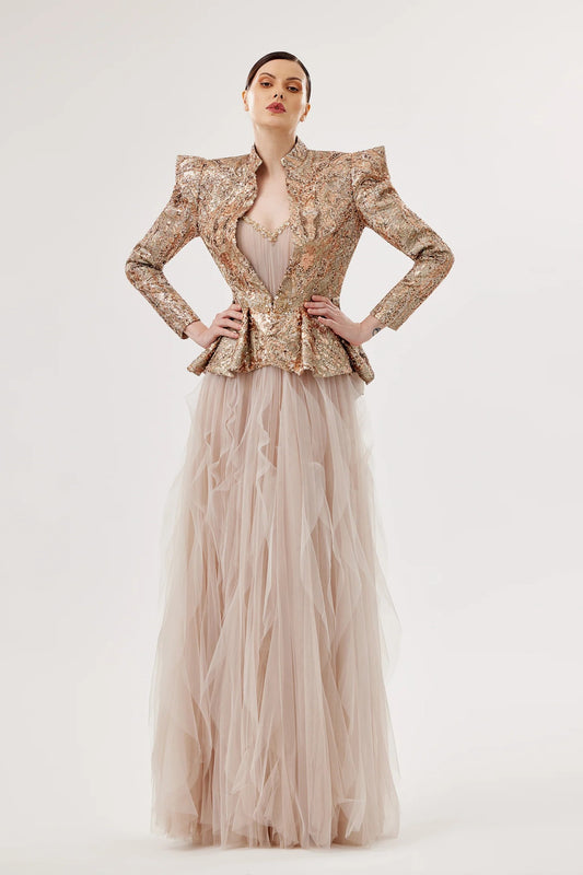 Ruffled Tulle Sweetheart Gown with Embellished Jacket