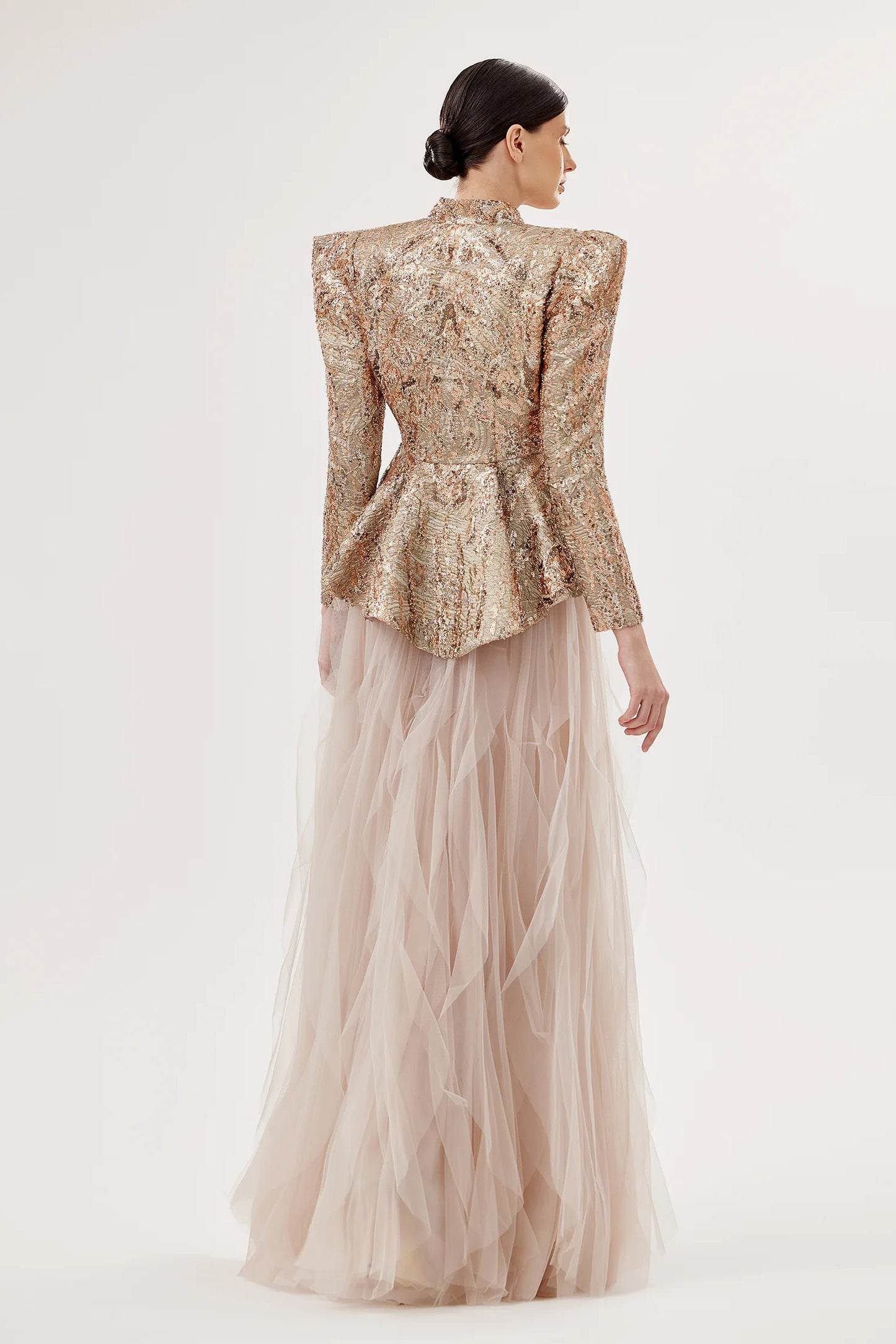 Ruffled Tulle Sweetheart Gown with Embellished Jacket
