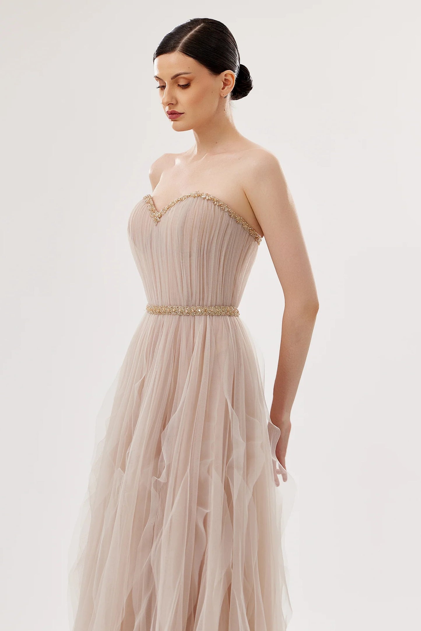 Ruffled Tulle Sweetheart Gown with Embellished Jacket
