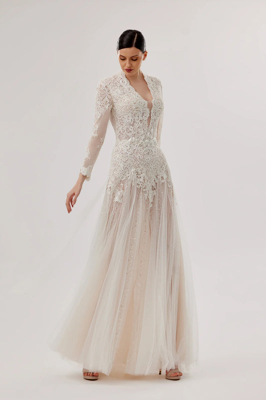 Deep V-Neck Lace & Tulle Gown with Floral Belt