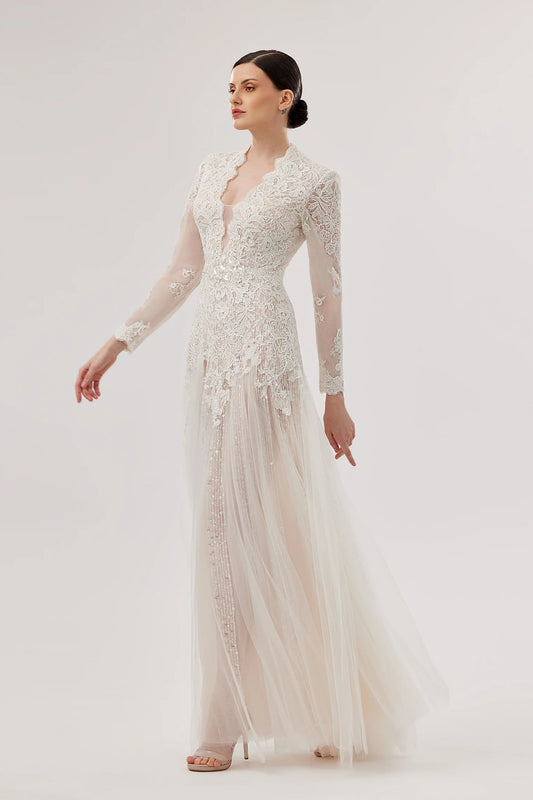 Deep V-Neck Lace & Tulle Gown with Floral Belt