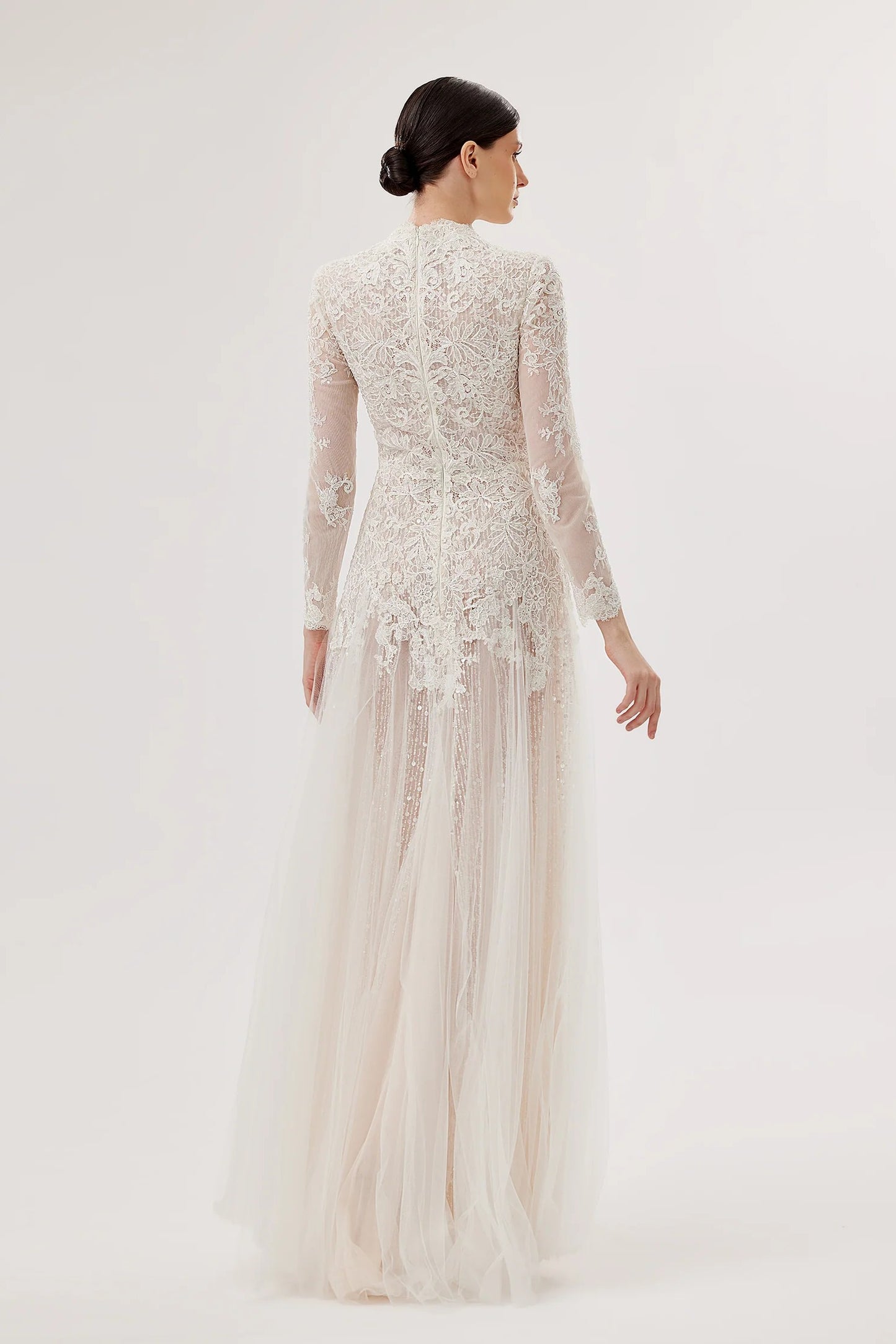 Deep V-Neck Lace & Tulle Gown with Floral Belt