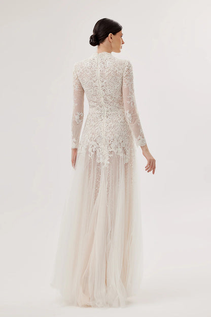 Deep V-Neck Lace & Tulle Gown with Floral Belt