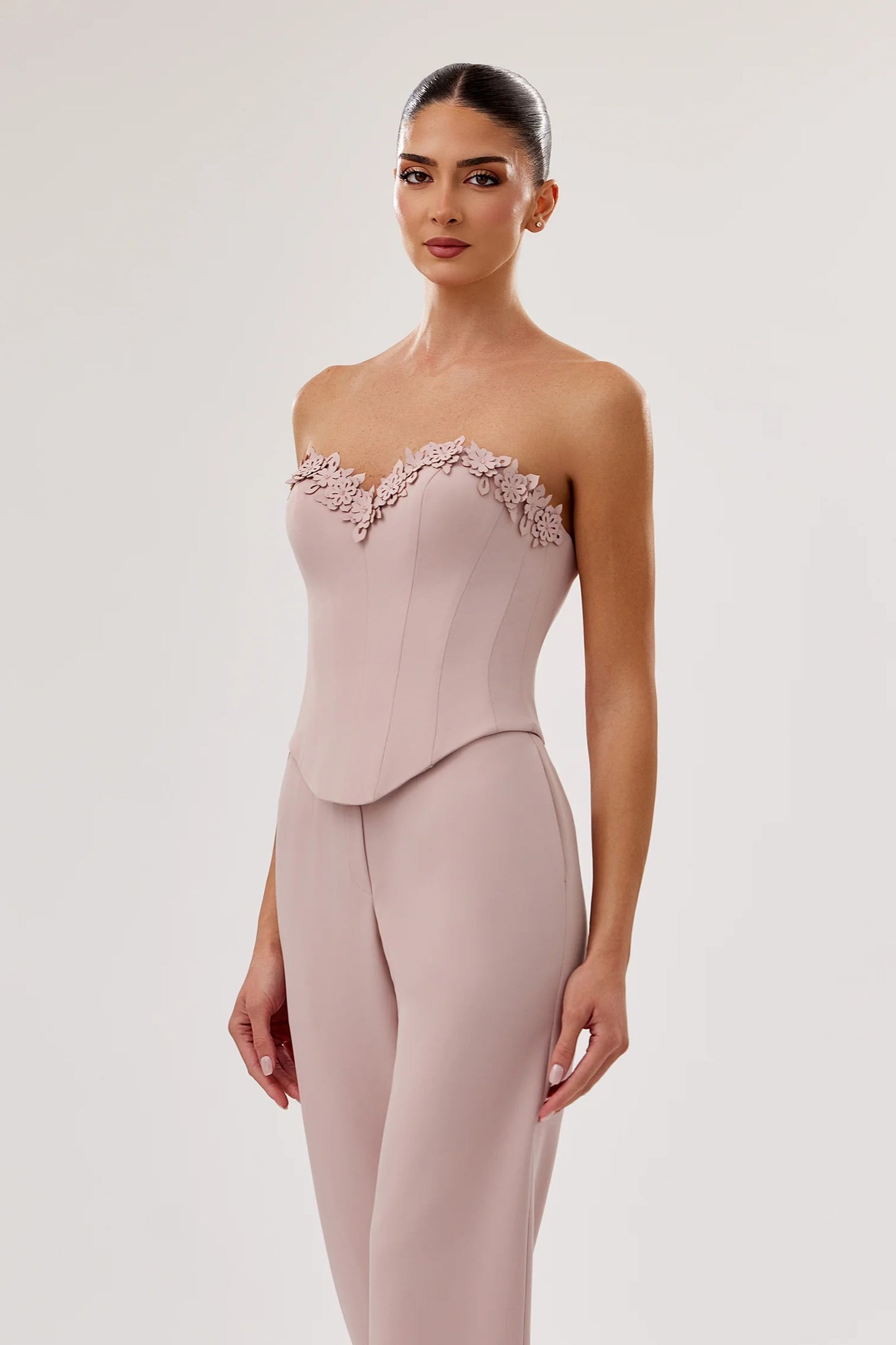 Three-Piece Crepe Ensemble with Laser-Cut Floral Corset